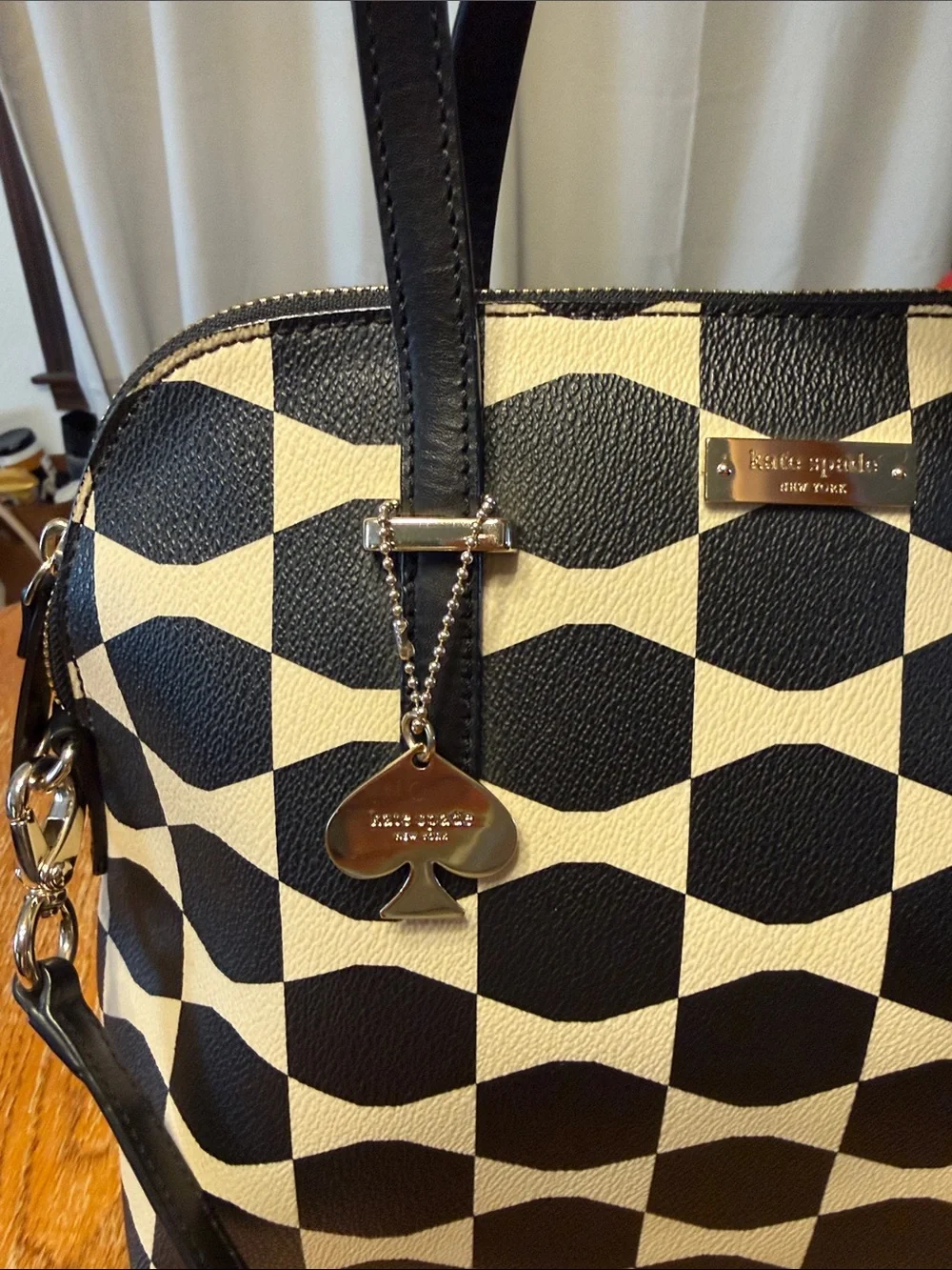 kate spade Black and Cream Geometric Satchel with Crossbody Strap